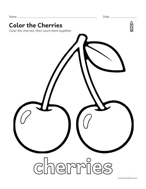 Preview of the printable “Cherries coloring page” worksheet: coloring a big picture of a cherries with crayons
