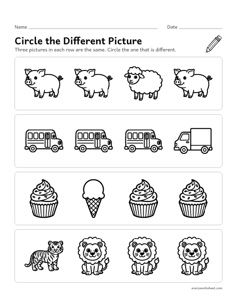 Preview of the printable “Circle the different picture” worksheet: finding the picture that is different