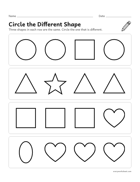 Preview of the printable “Circle the different shape” worksheet: finding the shape that is different