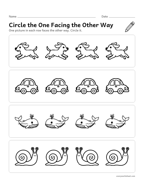 Preview of the printable “Circle the one facing the other way” worksheet: noticing which way a picture faces