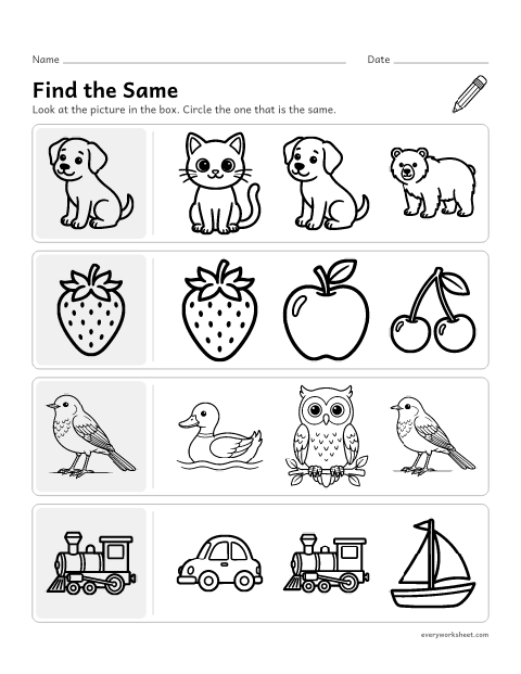 Preview of the printable “Circle the same picture” worksheet: finding the picture that is the same