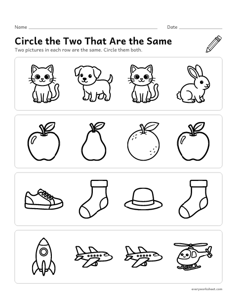 Preview of the printable “Circle the two that are the same” worksheet: finding two pictures that are the same