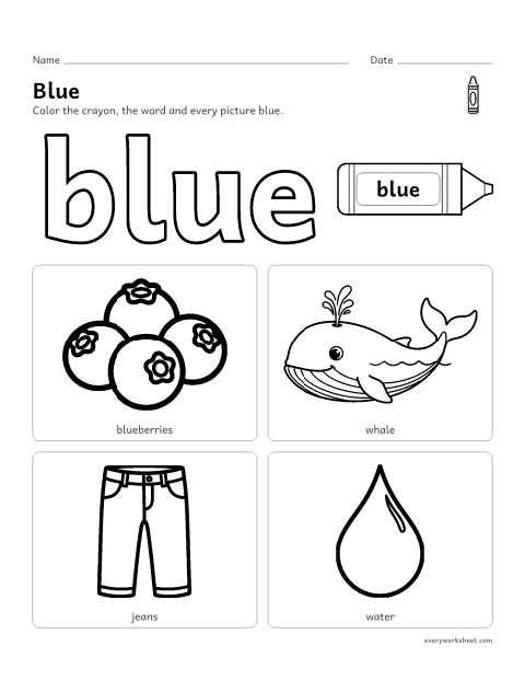 Preview of the printable “Color blue worksheet” worksheet: recognizing the color blue and things that are blue