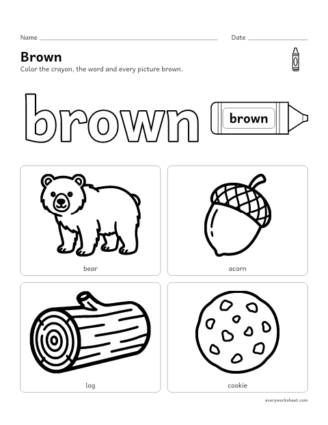 Preview of the printable “Color brown worksheet” worksheet: recognizing the color brown and things that are brown
