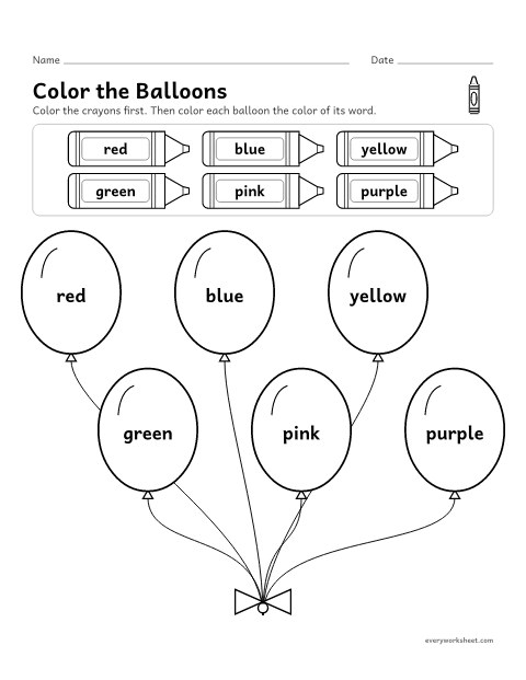 Preview of the printable “Color by color Word: balloons” worksheet: matching color words to crayons to color balloons