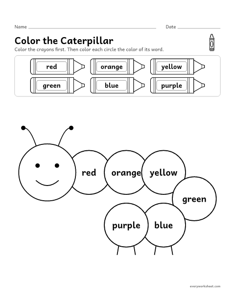 Preview of the printable “Color by color Word: caterpillar” worksheet: matching color words to crayons to color a caterpillar
