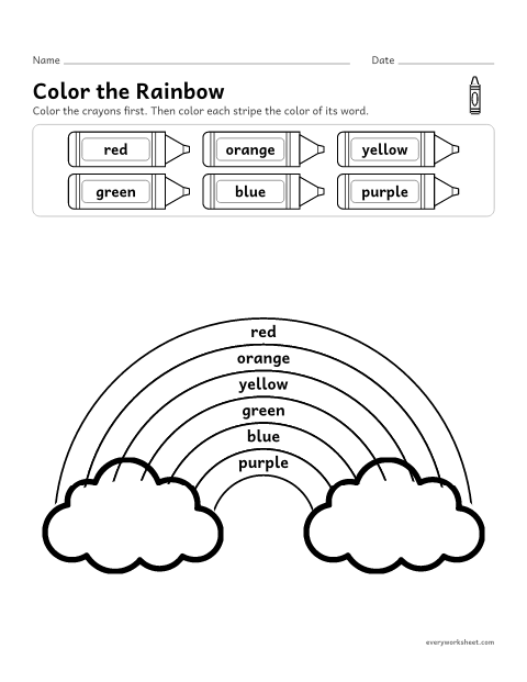 Preview of the printable “Color by color Word: rainbow” worksheet: matching color words to crayons to color a rainbow