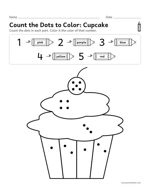 Preview of the printable “Count the dots to Color: cupcake” worksheet: counting 1 to 5 dots and matching the numeral