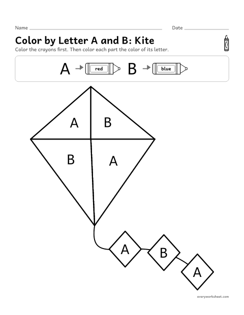 Preview of the printable “Color by letter A and B: kite” worksheet: telling uppercase A and B apart