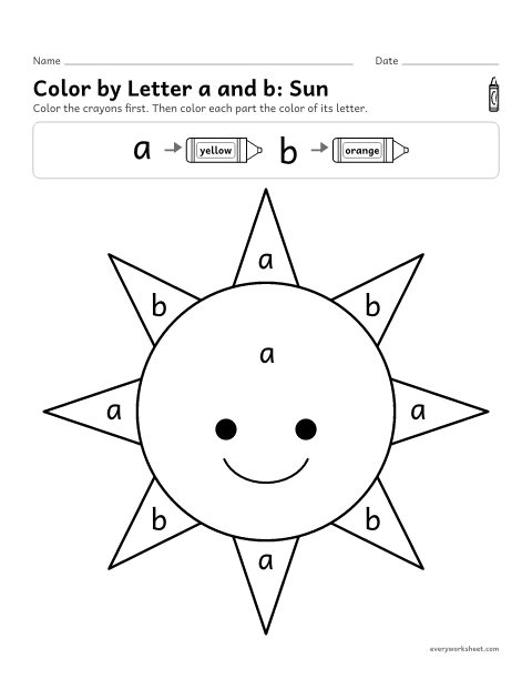 Preview of the printable “Color by letter a and b: sun” worksheet: telling lowercase a and b apart