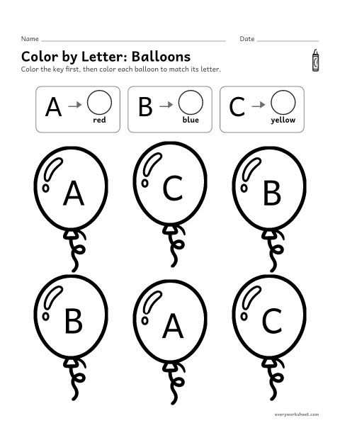 Preview of the printable “Color by Letter: balloons” worksheet: naming letters to follow a color key