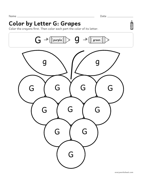 Preview of the printable “Color by letter G: grapes” worksheet: telling uppercase G from lowercase g