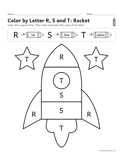 Preview of the printable “Color by letter R, S and T: rocket” worksheet: telling uppercase R, S and T apart