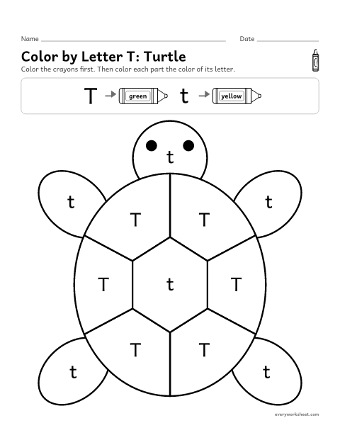 Preview of the printable “Color by letter T: turtle” worksheet: telling uppercase T from lowercase t