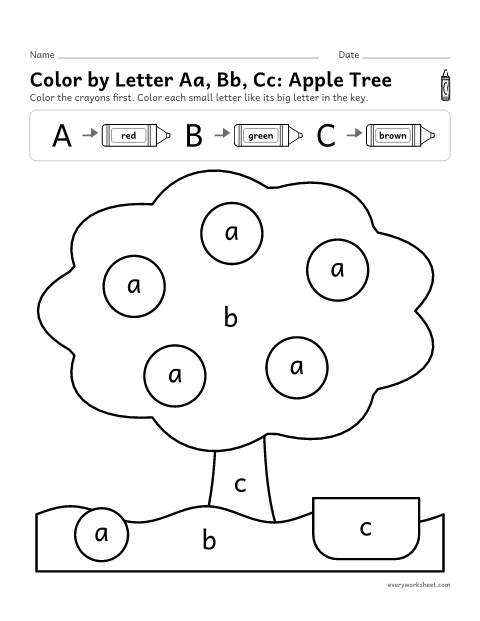 Preview of the printable “Color by letter Aa, Bb, Cc: apple tree” worksheet: matching lowercase a, b and c to uppercase A, B and C