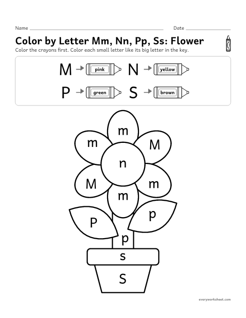 Preview of the printable “Color by letter Mm, Nn, Pp, Ss: flower” worksheet: matching uppercase and lowercase M, N, P and S
