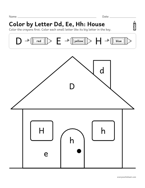 Preview of the printable “Color by letter Dd, Ee, Hh: house” worksheet: matching uppercase and lowercase D, E and H