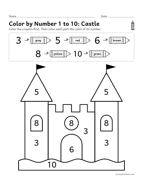 Preview of the printable “Color by number 1 to 10: castle” worksheet: reading numerals from 1 to 10 to color