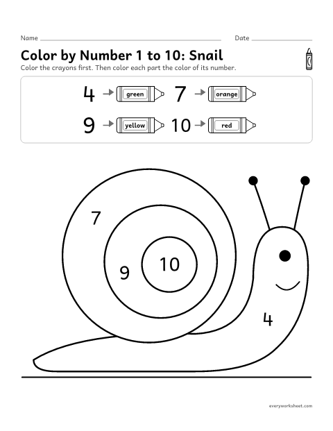 Preview of the printable “Color by number 1 to 10: snail” worksheet: reading numerals from 1 to 10 to color