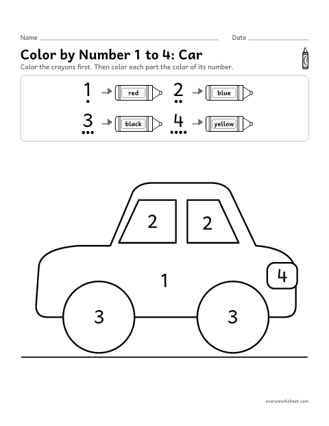 Preview of the printable “Color by number 1 to 4: car” worksheet: reading the numerals 1 to 4 to color