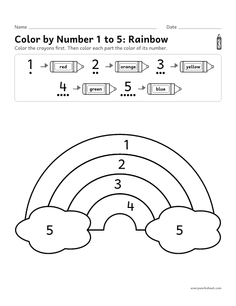 Preview of the printable “Color by number 1 to 5: rainbow” worksheet: reading the numerals 1 to 5 to color