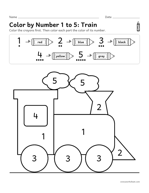 Preview of the printable “Color by number 1 to 5: train” worksheet: reading the numerals 1 to 5 to color