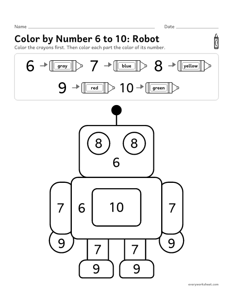 Preview of the printable “Color by number 6 to 10: robot” worksheet: reading the numerals 6 to 10 to color