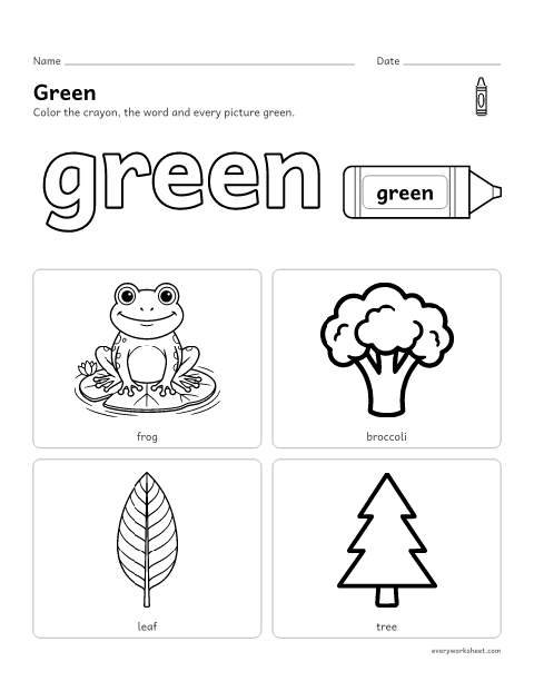 Preview of the printable “Color green worksheet” worksheet: recognizing the color green and things that are green