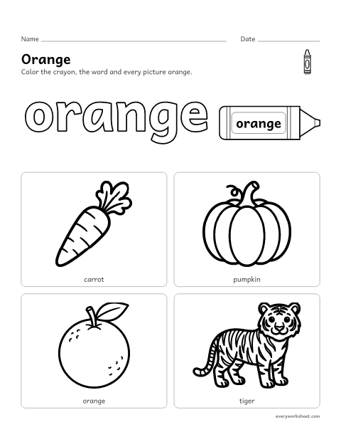 Preview of the printable “Color orange worksheet” worksheet: recognizing the color orange and things that are orange