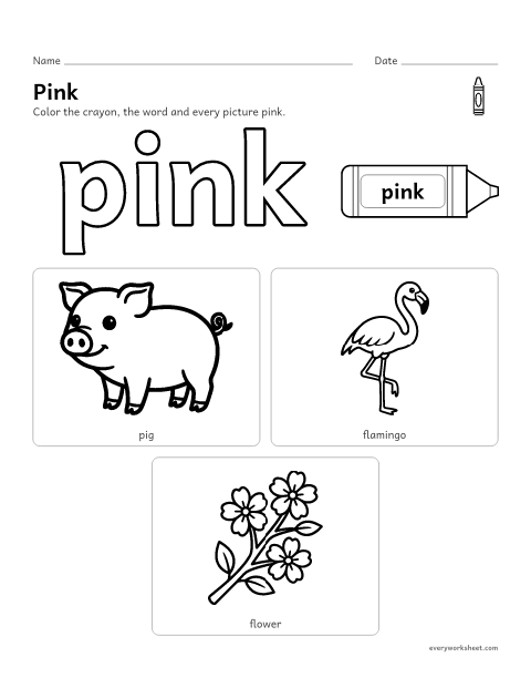Preview of the printable “Color pink worksheet” worksheet: recognizing the color pink and things that are pink