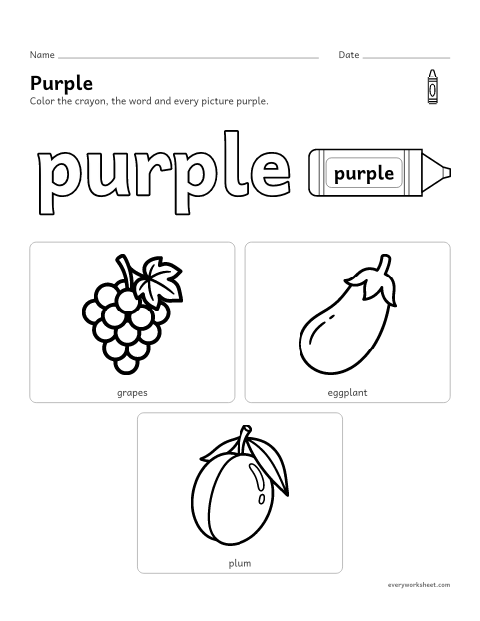 Preview of the printable “Color purple worksheet” worksheet: recognizing the color purple and things that are purple