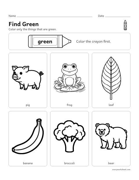 Preview of the printable “Color the green things” worksheet: finding things that are green