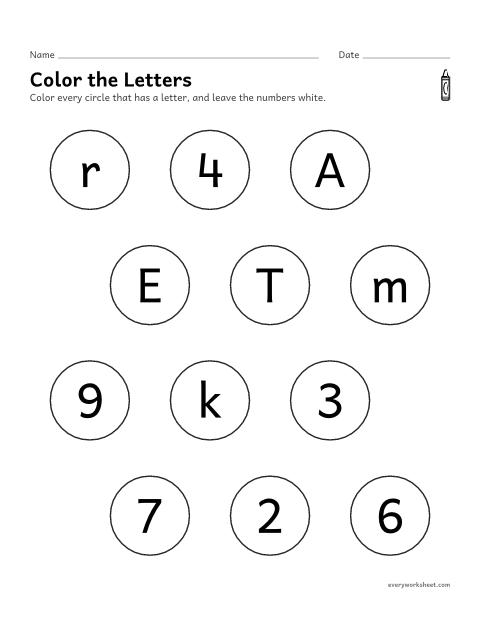 Preview of the printable “Color the letters” worksheet: telling letters apart from numbers