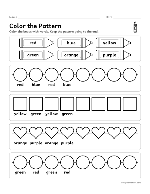 Preview of the printable “Color the Pattern: AB bead patterns” worksheet: copying and extending AB color patterns