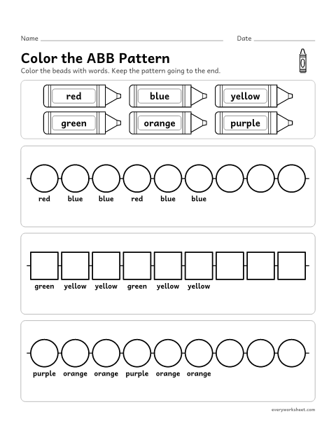 Preview of the printable “Color the Pattern: ABB bead patterns” worksheet: copying and extending ABB color patterns