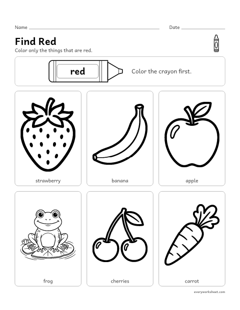 Preview of the printable “Color the red things” worksheet: finding things that are red