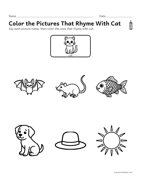 Preview of the printable “Color the pictures that rhyme with cat” worksheet: hearing words that rhyme with cat