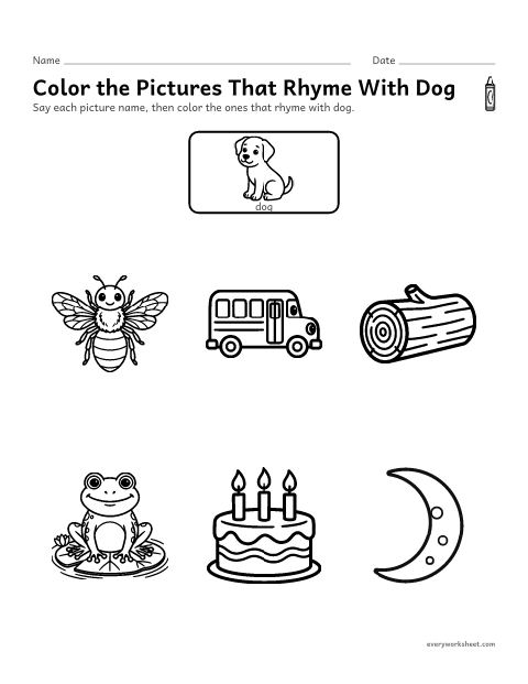 Preview of the printable “Color the pictures that rhyme with dog” worksheet: hearing words that rhyme with dog