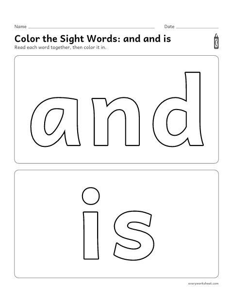 Preview of the printable “Color the sight Words: and and is” worksheet: recognizing the sight words and and is