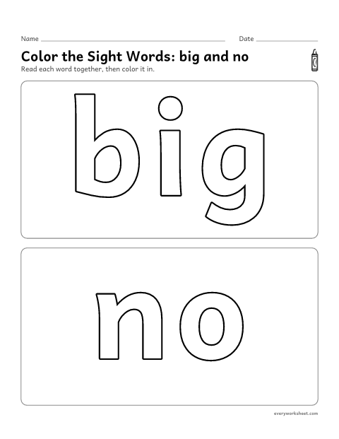 Preview of the printable “Color the sight Words: big and no” worksheet: recognizing the sight words big and no