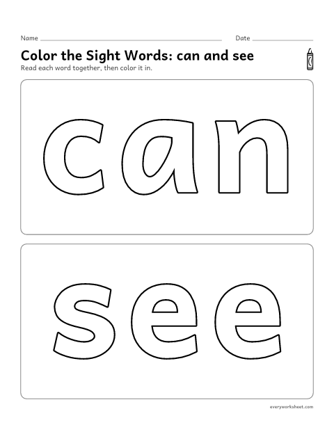 Preview of the printable “Color the sight Words: can and see” worksheet: recognizing the sight words can and see