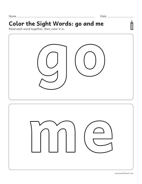 Preview of the printable “Color the sight Words: go and me” worksheet: recognizing the sight words go and me
