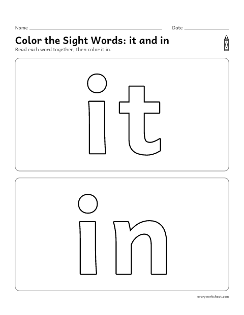 Preview of the printable “Color the sight Words: it and in” worksheet: recognizing the sight words it and in