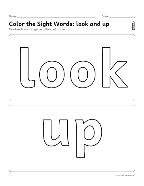Preview of the printable “Color the sight Words: look and up” worksheet: recognizing the sight words look and up