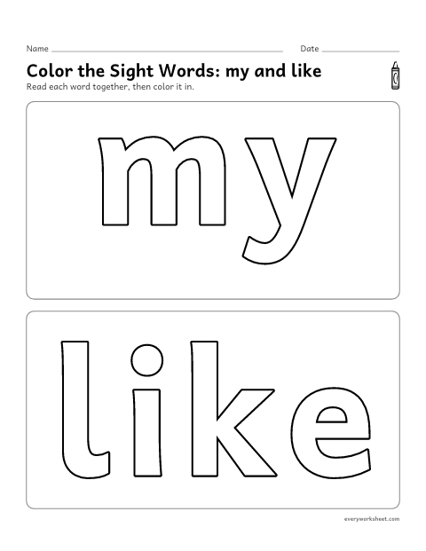 Preview of the printable “Color the sight Words: my and like” worksheet: recognizing the sight words my and like