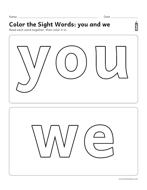 Preview of the printable “Color the sight Words: you and we” worksheet: recognizing the sight words you and we