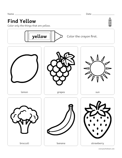 Preview of the printable “Color the yellow things” worksheet: finding things that are yellow