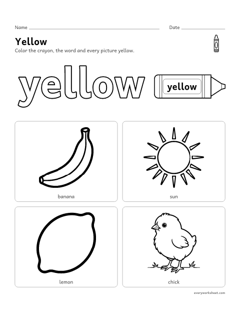Preview of the printable “Color yellow worksheet” worksheet: recognizing the color yellow and things that are yellow