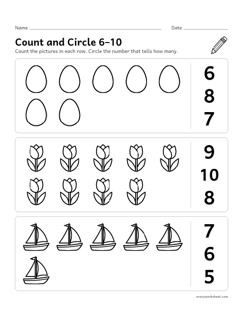 Preview of the printable “Count and circle 6–10” worksheet: counting groups of 6 to 10 and circling the number