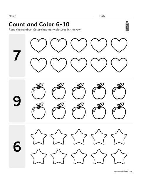 Preview of the printable “Count and color 6–10” worksheet: counting out 6 to 10 objects from a group